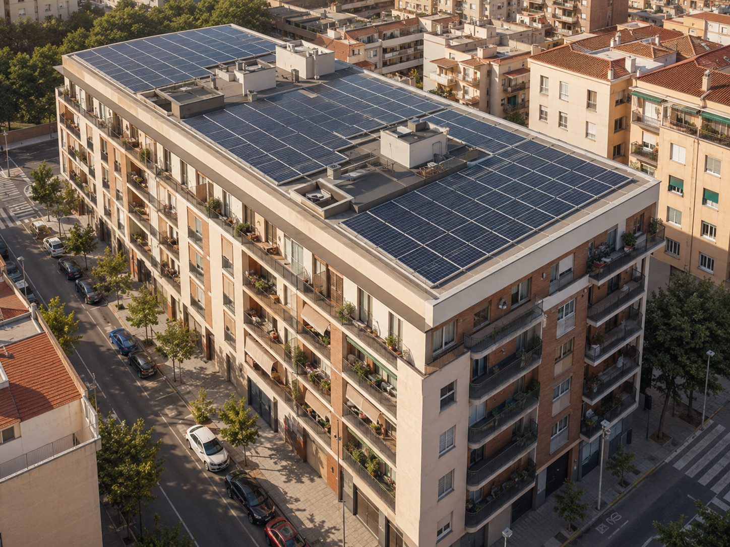 Fotovoltaicas en Extremadura Instalación fotovoltaica en el tejado de un edificio de comunidad de vecinos en Extremadura
