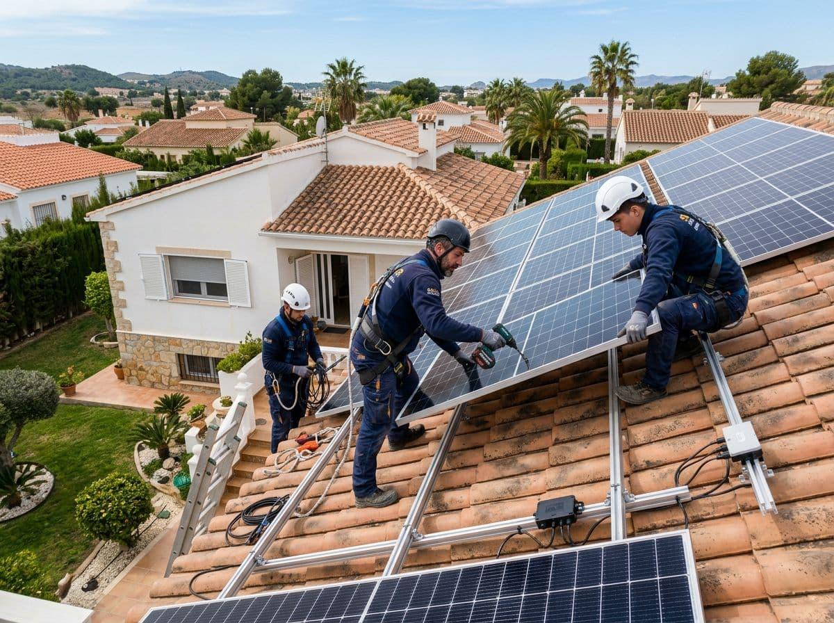 Instaladores colocando placas solares en un tejado de teja durante una instalacion llave en mano